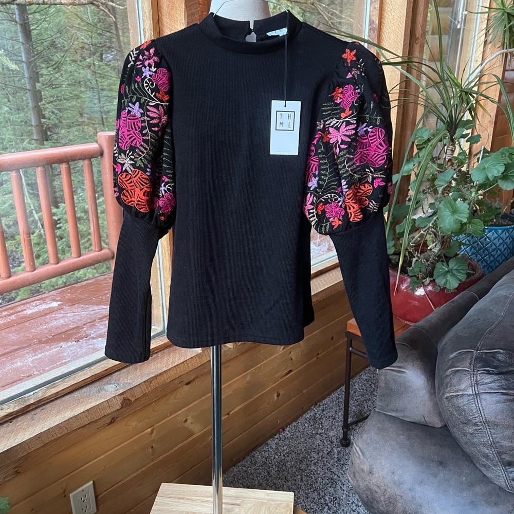 THML Black Blouse with Vibrant Embroidered Sleeves - Picture 8 of 8